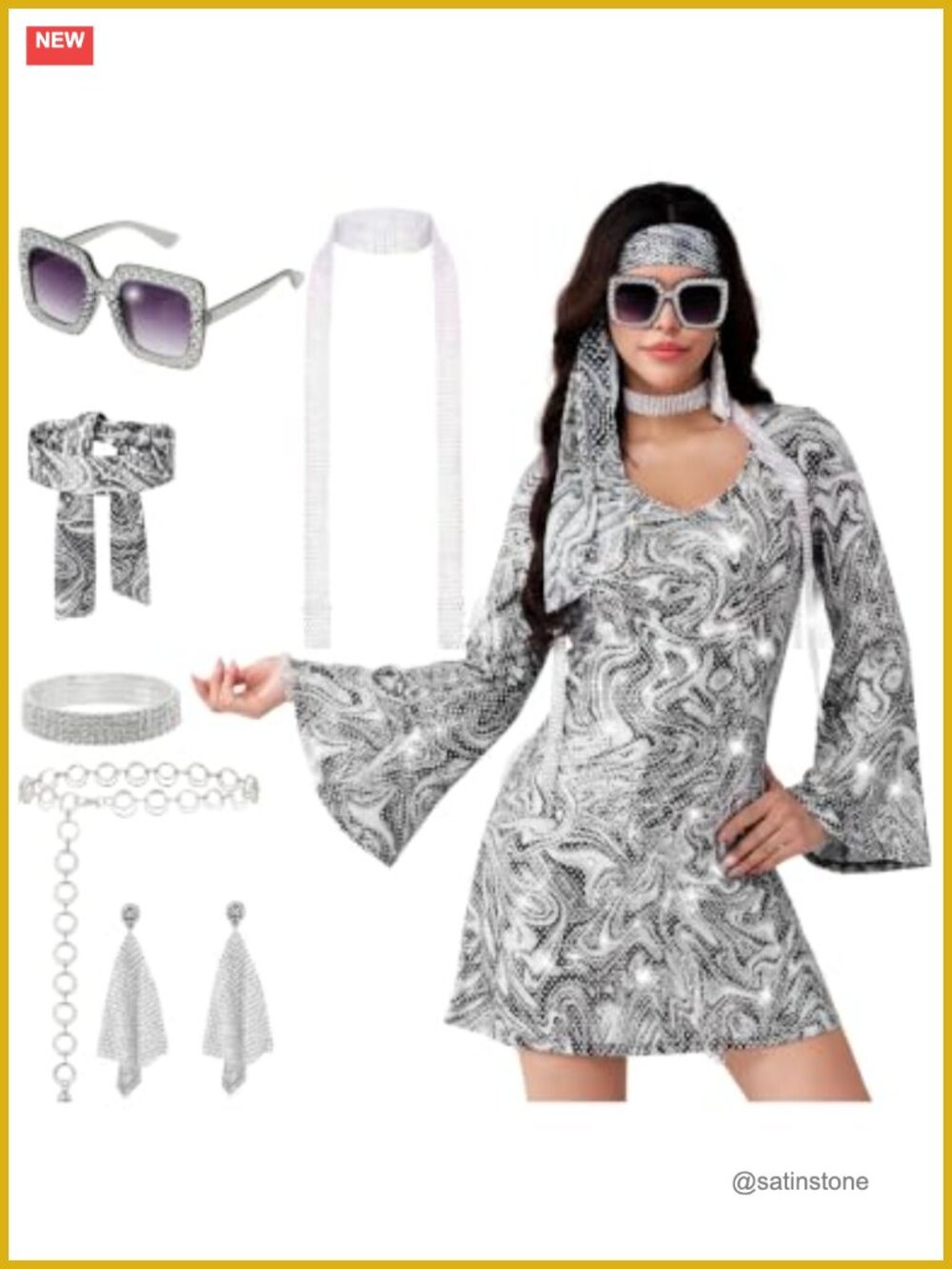 70s Disco Costume Set Sparkly Dress Headwear Glasses Earrings Bracelet